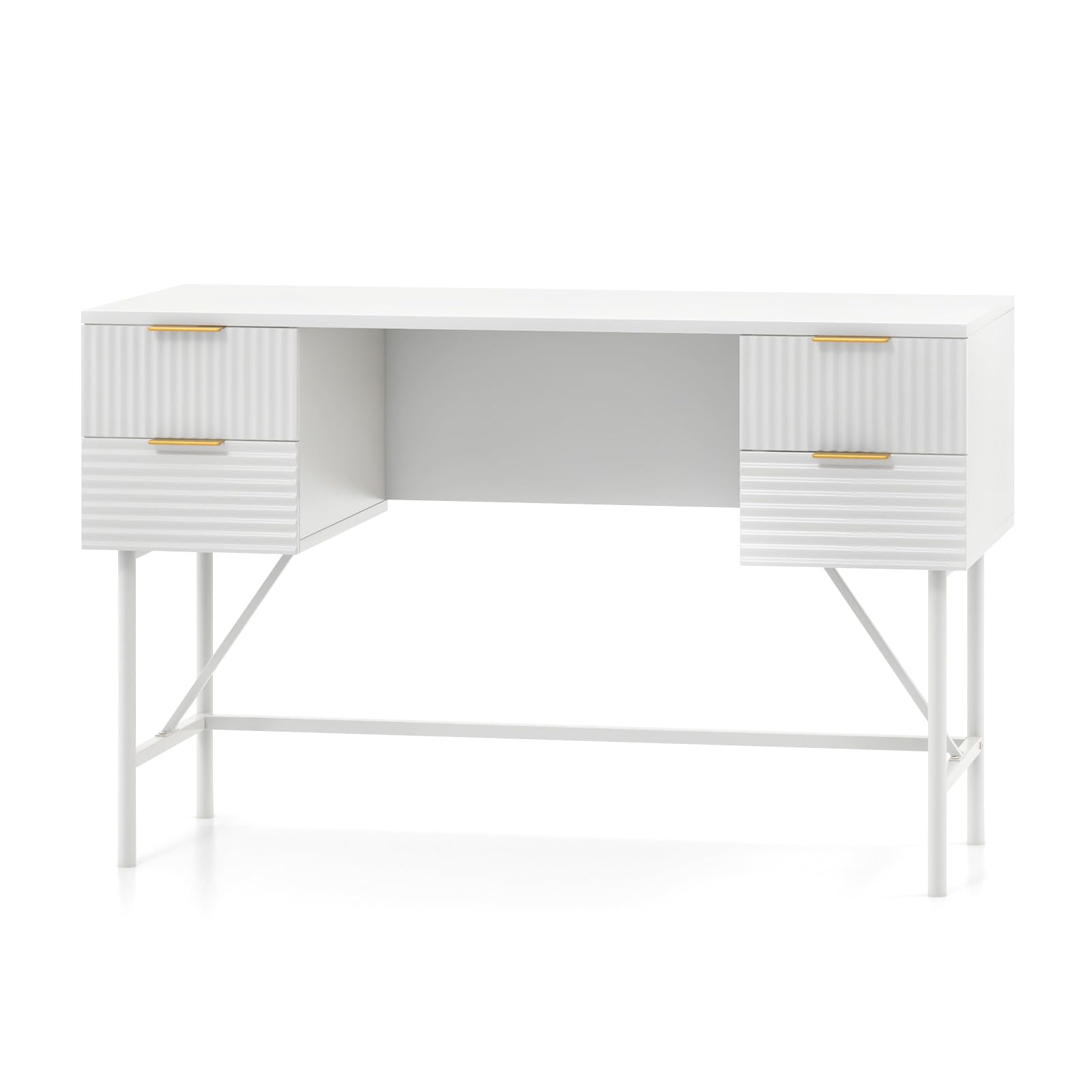 Giantex Modern Desk with 4 Drawers, 48 Inch Computer Desk with Storage, Heavy-Duty Gold Metal Frame, Makeup Vanity Dressing Table, White and Gold Desk for Bedroom Study Home Office