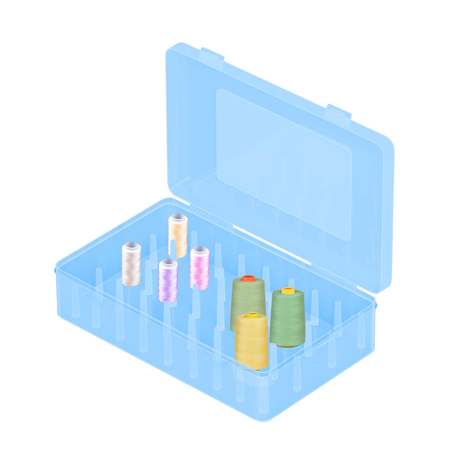 42 Slot Sewing Thread Blue Storage Box Bobbin Needle Spool Holder Organizer Embroidery Household DIY Sewing Accessories, Contain 2 Size Spool 30 pcs 0.5(D) x 2.4(H) in + 12 pcs 1(D) x 2.4(H) in