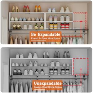 White Shoe Rack Organizer for Closet, 2-Tier Expandable Shoe Shelf, Stackable Iron Wood Combination Small Shoe Racks Shelves for Closets, Entryway,Small Space,Hallway,Garage,6-12 Pairs,Patent Pending