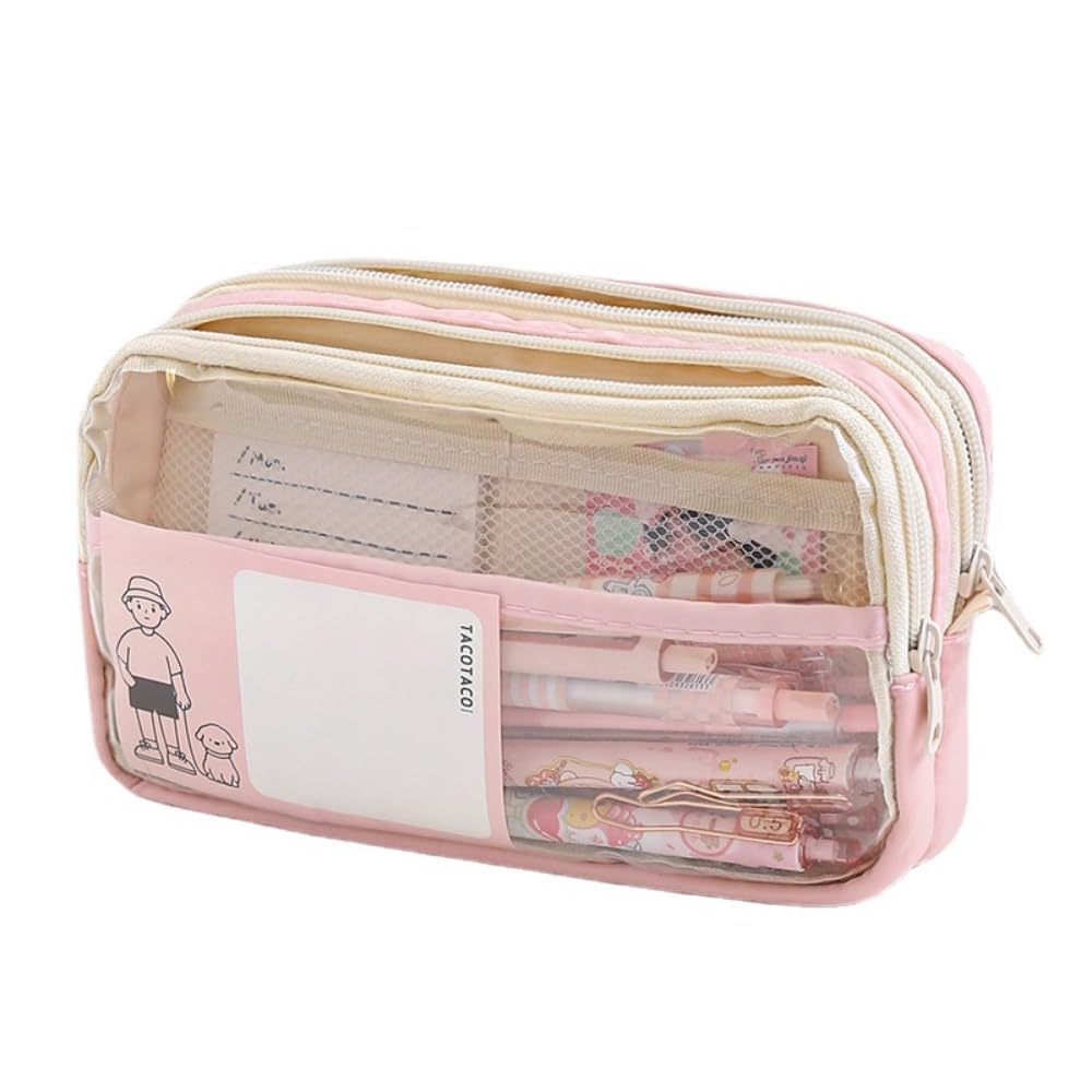 Cute Pencil Case Large Capacity Pen Bag Mesh Kawaii Pen Case Clear Pencil Pouch Gift (Pink)