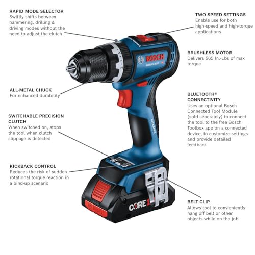 BOSCH GSB18V-800CB14 1/2 In. Brushless Connected-Ready Hammer Drill/Driver Kit with (1) CORE18V® 4 Ah Advanced Power Battery