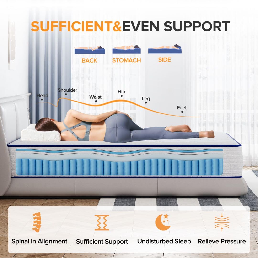 TXO Full Size Mattress, 10 Inch Medium Firm Hybrid Mattress with Individual Pocketed Springs and Gel Memory Foam, Enhance Edge Support, Motion Isolation, Pressure Relief, Full Mattress in a Box