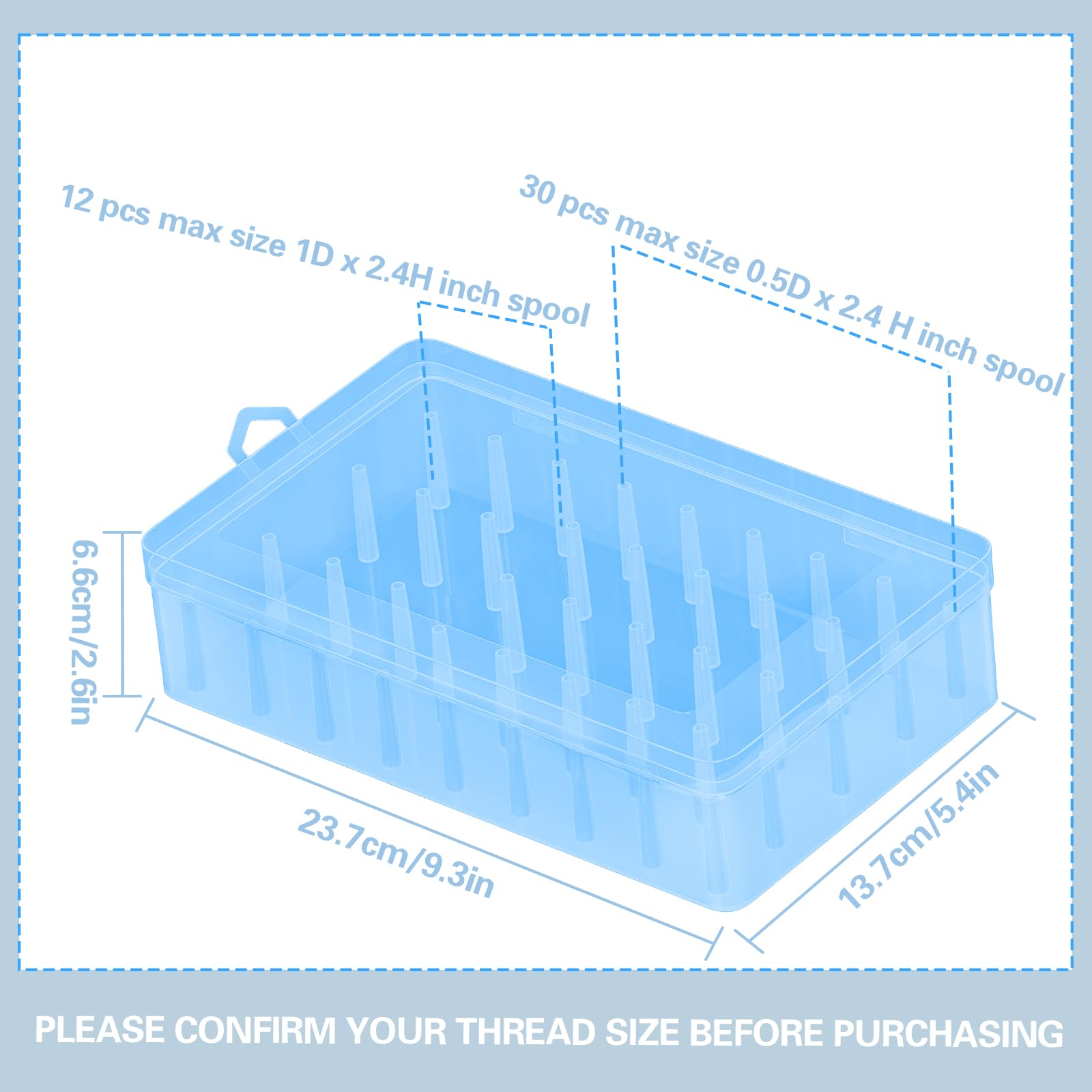 42 Slot Sewing Thread Blue Storage Box Bobbin Needle Spool Holder Organizer Embroidery Household DIY Sewing Accessories, Contain 2 Size Spool 30 pcs 0.5(D) x 2.4(H) in + 12 pcs 1(D) x 2.4(H) in