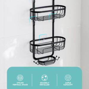 Baffect Shower Head Caddy, Upgraded Extended Metal Shower Storage Rack, Rust-Resistant Bathroom Organizer with Soap Holder and Hooks (Matte Black)