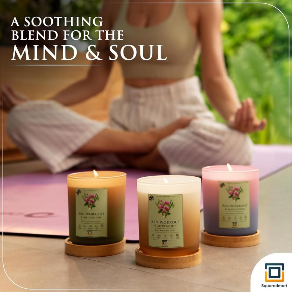 SquaredMart Natural Soy Scented Candle - Zen Workout & Meditation, Bamboo, Lemongrass & Lotus Flowers, 55 Hour Burn, 100% Cotton Wick, Eco-Friendly Bamboo Coaster & Lid, Yoga & Exercise, Serenity