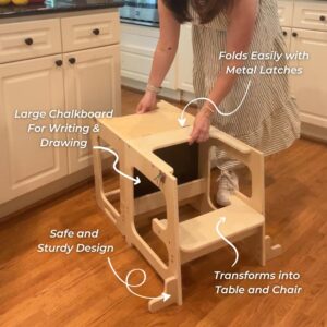 Montessori Mission 4-in-1 Foldable Learning Kitchen Tower, Stool with Chalkboard, Desk, Table & Chair, Montessori Kitchen Stool, Learning & Kitchen Tower for 1-6 Years Old