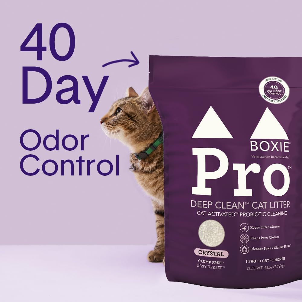 Boxie® Pro™ 40 Day Probiotic Odor Control Non-Clumping Crystal Cat Litter, 6 lb, Self-Cleaning, MicroDry™ Crystals, 99.9% Dust-Free, Long-Lasting, Health Benefits for Multi-Cat Homes