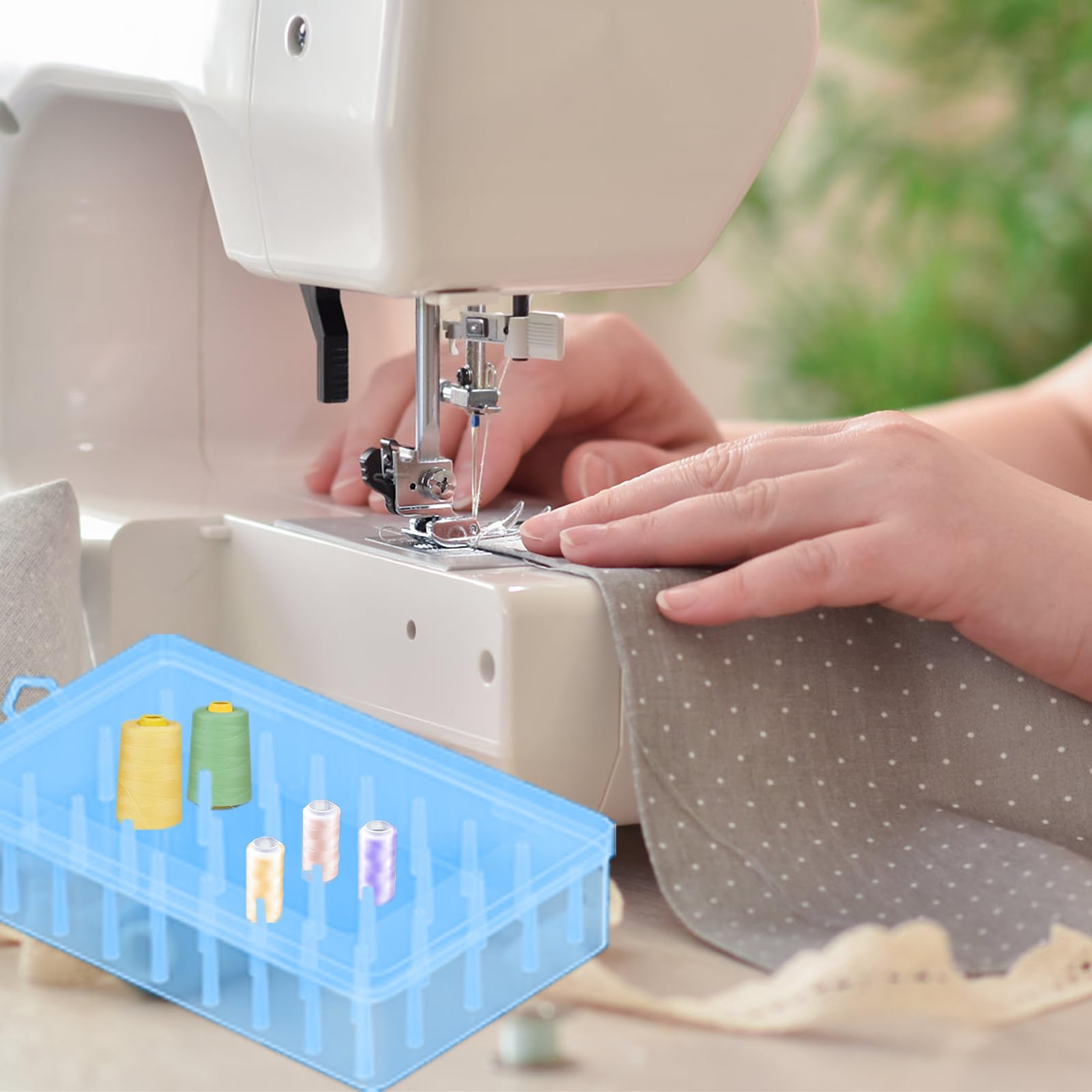 42 Slot Sewing Thread Blue Storage Box Bobbin Needle Spool Holder Organizer Embroidery Household DIY Sewing Accessories, Contain 2 Size Spool 30 pcs 0.5(D) x 2.4(H) in + 12 pcs 1(D) x 2.4(H) in