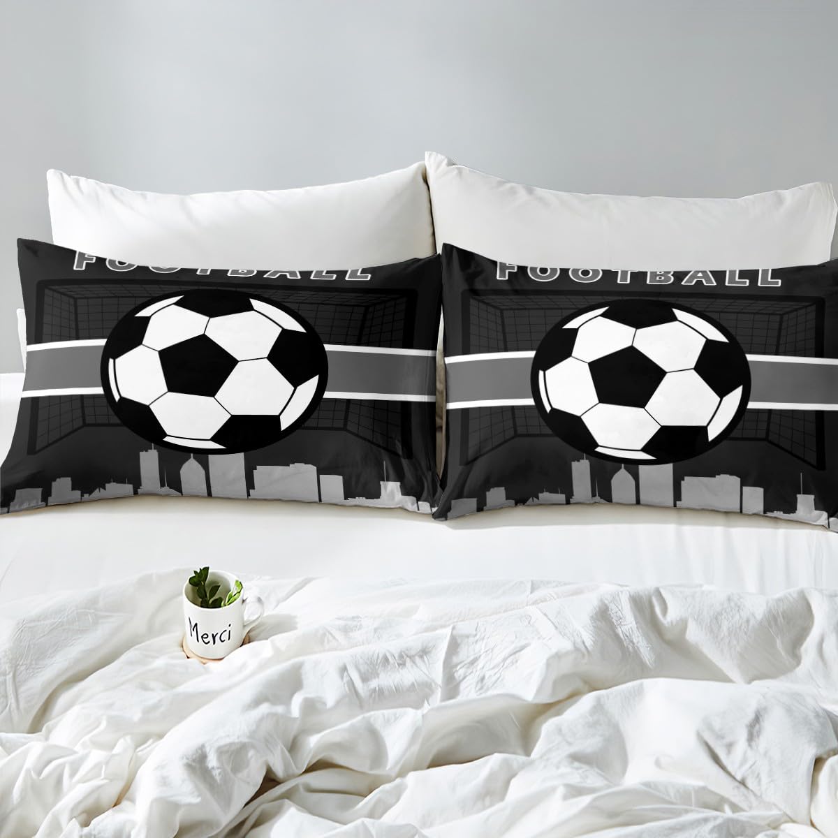 Erosebridal Little Boys Bedding Set Queen Soccer Football Comforter Cover for Toddler Kids, Sports Gamer Quilt Cover Video Game Gaming Duvet Cover, Black Grey