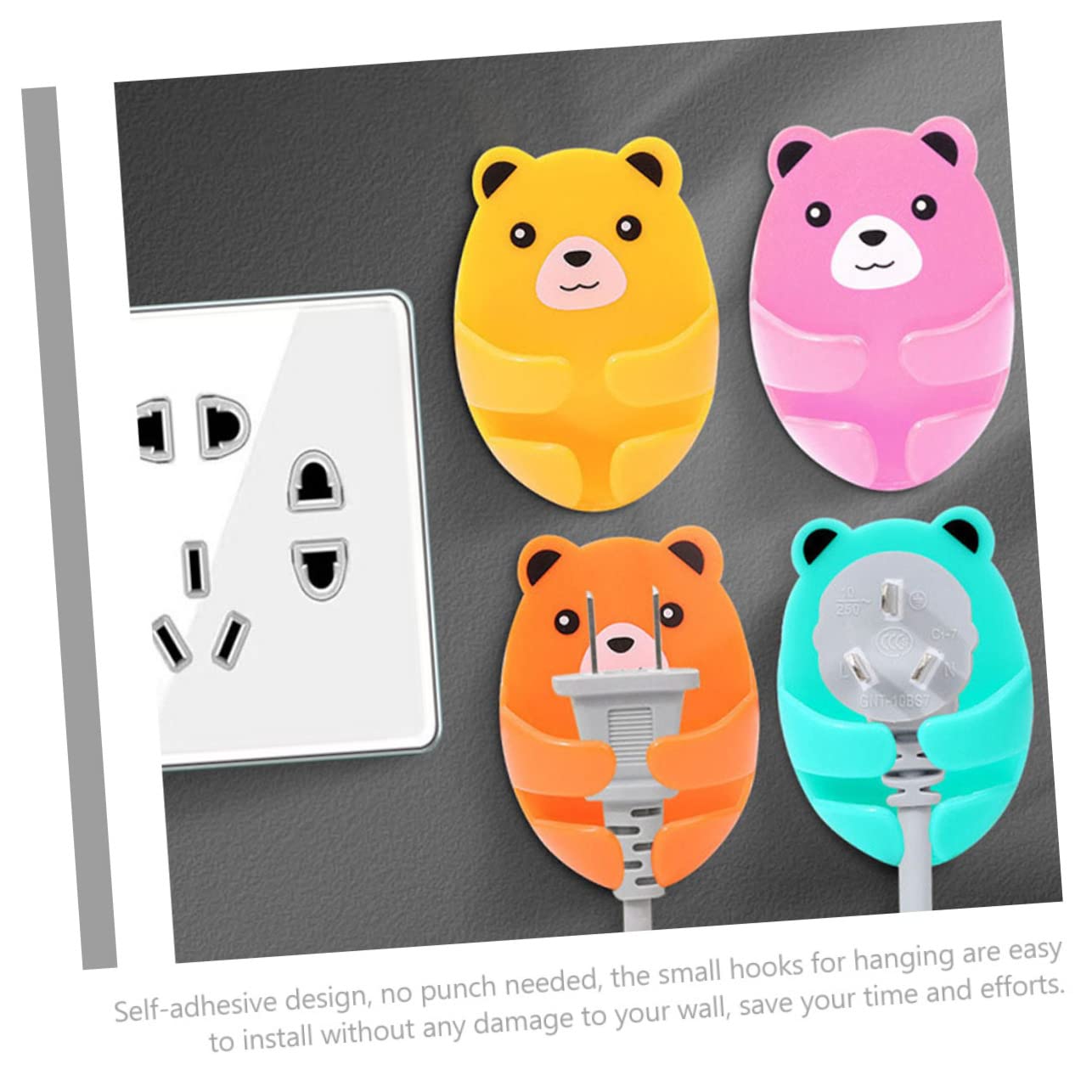 Mikikit 4pcs Power Outlet Hook Plug Wire Holder Self-Adhesive Socket Holder Adhesive Wall Hooks Cartoon Hook Adhesive Plug Holder Multifunctional Cartoon Organizer Plastic No Trace