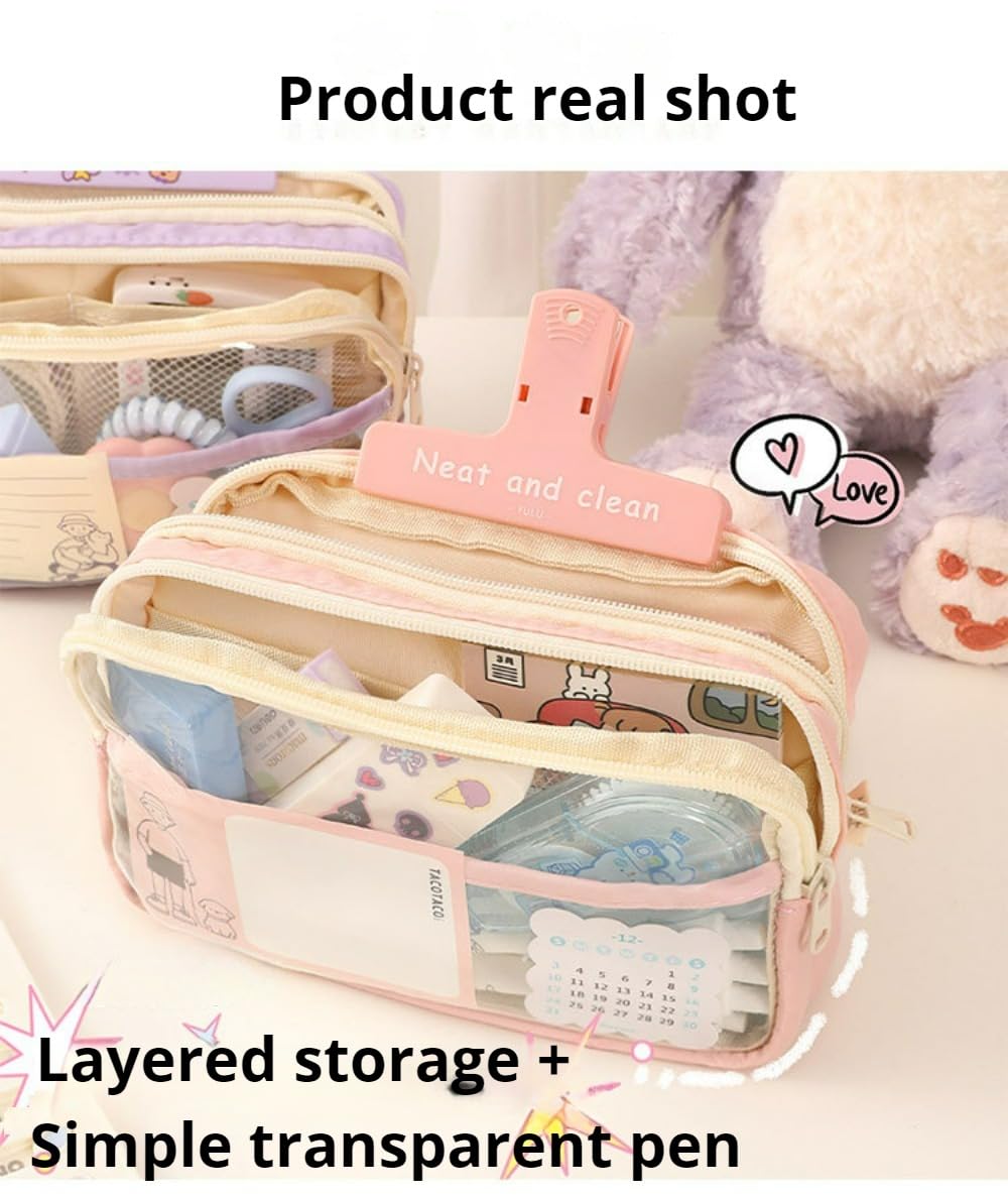 Cute Pencil Case Large Capacity Pen Bag Mesh Kawaii Pen Case Clear Pencil Pouch Gift (Pink)