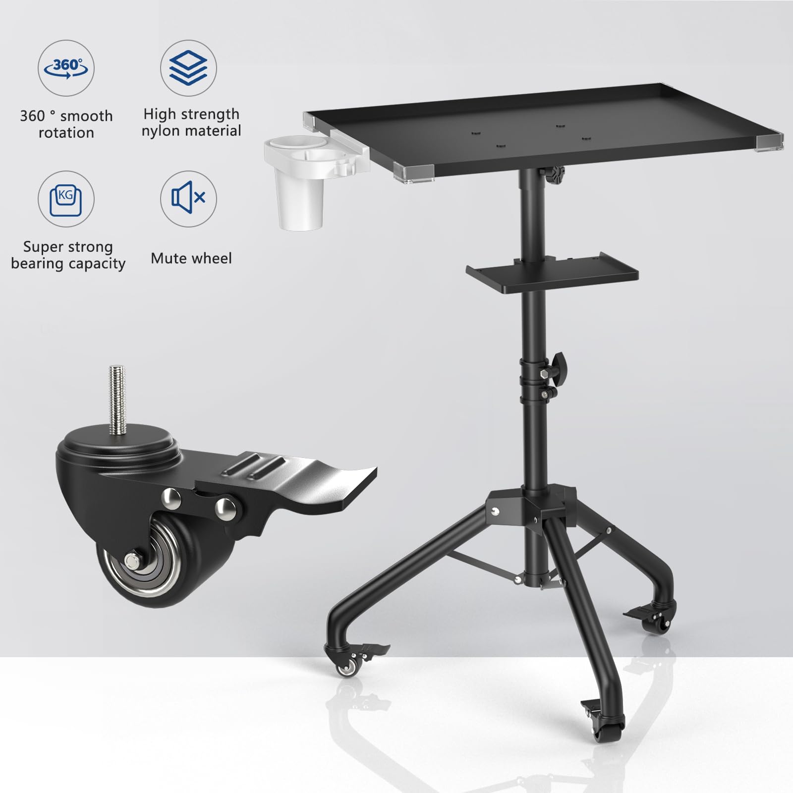 ZHOOGE Salon Tray Cart on Wheels with Stand Rack Tray, Premium Iron Alloy Tattoo Tray Height Adjustable Salon Service Tray with 360 Degree Mute Universal Tricycle for Tattoo Work, SPA and Dental Tray