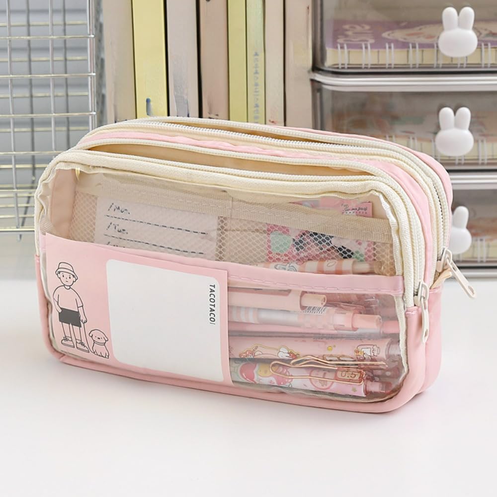 Cute Pencil Case Large Capacity Pen Bag Mesh Kawaii Pen Case Clear Pencil Pouch Gift (Pink)