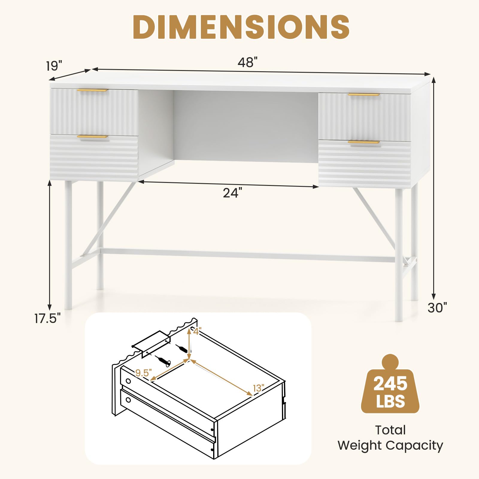 Giantex Modern Desk with 4 Drawers, 48 Inch Computer Desk with Storage, Heavy-Duty Gold Metal Frame, Makeup Vanity Dressing Table, White and Gold Desk for Bedroom Study Home Office