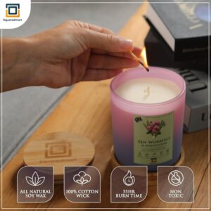 SquaredMart Natural Soy Scented Candle - Zen Workout & Meditation, Bamboo, Lemongrass & Lotus Flowers, 55 Hour Burn, 100% Cotton Wick, Eco-Friendly Bamboo Coaster & Lid, Yoga & Exercise, Serenity