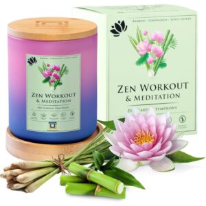 squaredmart natural soy scented candle - zen workout & meditation, bamboo, lemongrass & lotus flowers, 55 hour burn, 100% cotton wick, eco-friendly bamboo coaster & lid, yoga & exercise, serenity