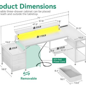 AODK L Shaped Gaming Desk with Drawers, Reversible Corner Computer Desk with LED Lights & Power Outlets, Large Home Office Desk withMonitor Stand & Storage Shelf, 58Inch - 71Inch, White
