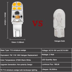 KAKEMONO T5 T10 Wedge Base 2W LED Bulb for 12V 24volt Landscape Path Light, 921 922 912 194 168 T10 Wedge RV Camper Trailer Motorhome Marine Boat Dome Light, 2700K Warm White, 10 Pack