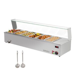 rovsun 48qt electric commercial food warmer, 6-pan steam table 8qt/pan stainless steel bain marie countertop w/acrylic shield temperature control & lid for buffet party catering restaurant 1500w 110v