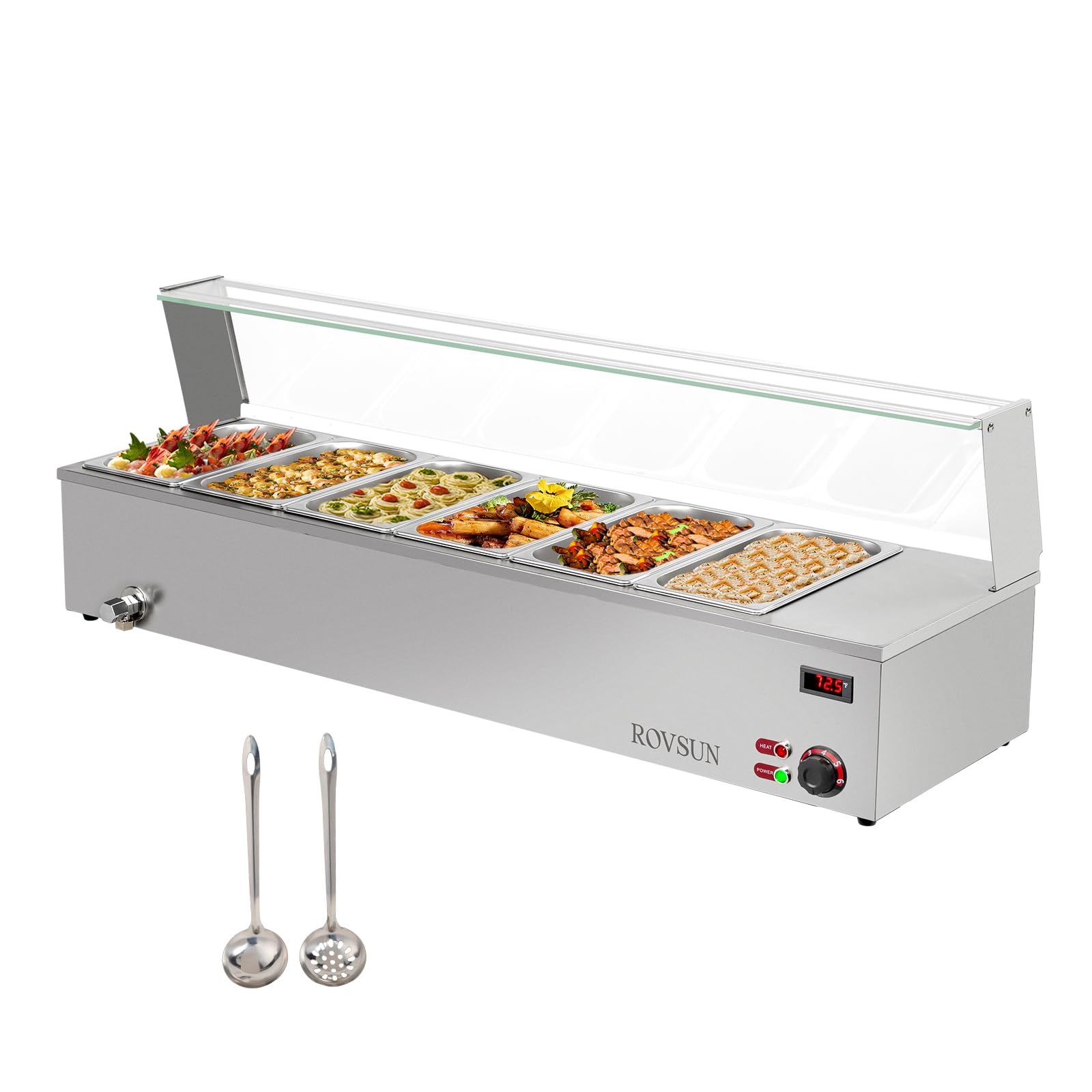 ROVSUN 48QT Electric Commercial Food Warmer, 6-Pan Steam Table 8QT/Pan Stainless Steel Bain Marie Countertop w/Acrylic Shield Temperature Control & Lid for Buffet Party Catering Restaurant 1500W 110V