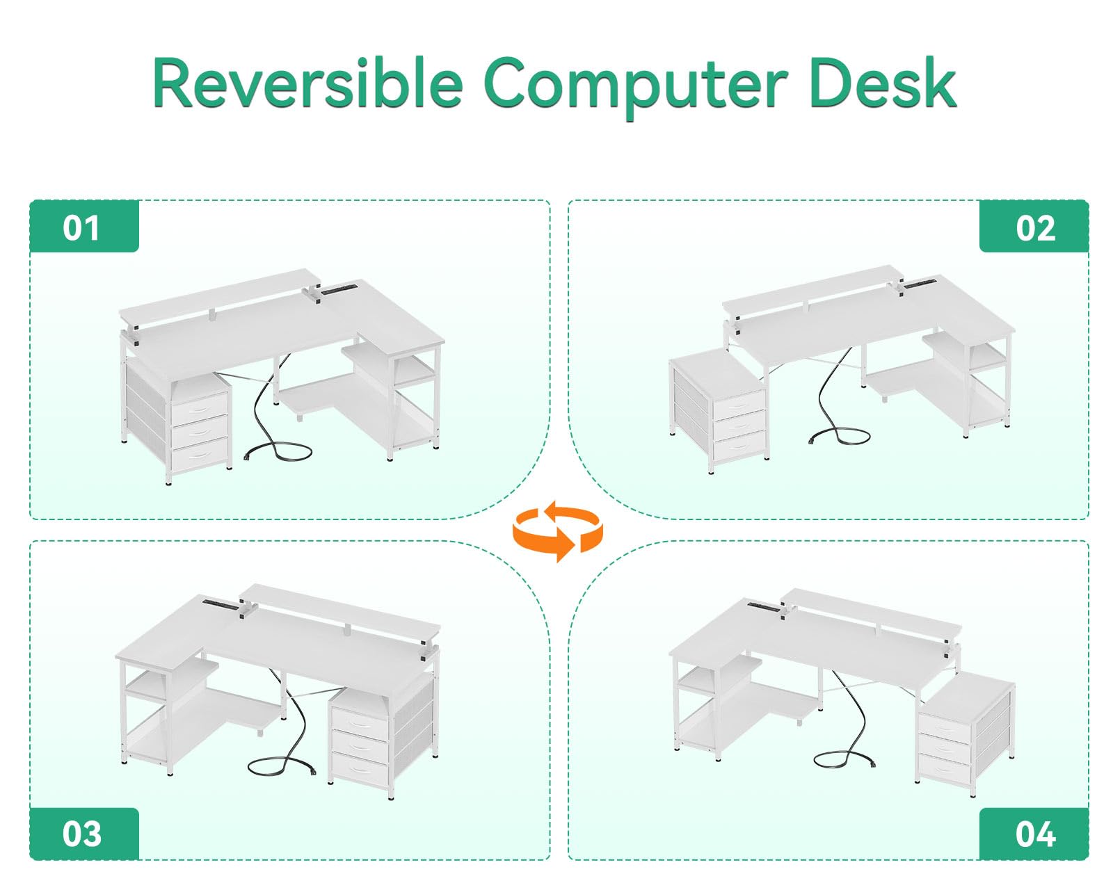 AODK L Shaped Gaming Desk with Drawers, Reversible Corner Computer Desk with LED Lights & Power Outlets, Large Home Office Desk withMonitor Stand & Storage Shelf, 58Inch - 71Inch, White