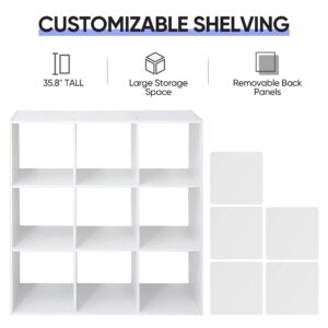 LEMY 9-Cube Storage Organizer Bookshelf, Wooden Open Display Bookcase with Removable Back Panels for Bedroom, Living Room, Office, White