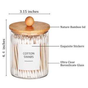 Onsogi Glass Apothecary Jars with Bamboo Lids for Bathroom Organization, Q tip Holder and CottonSwab Ball Holder for Farmhouse Bathroom Decor, Boho Bathroom Decor-2 Pack