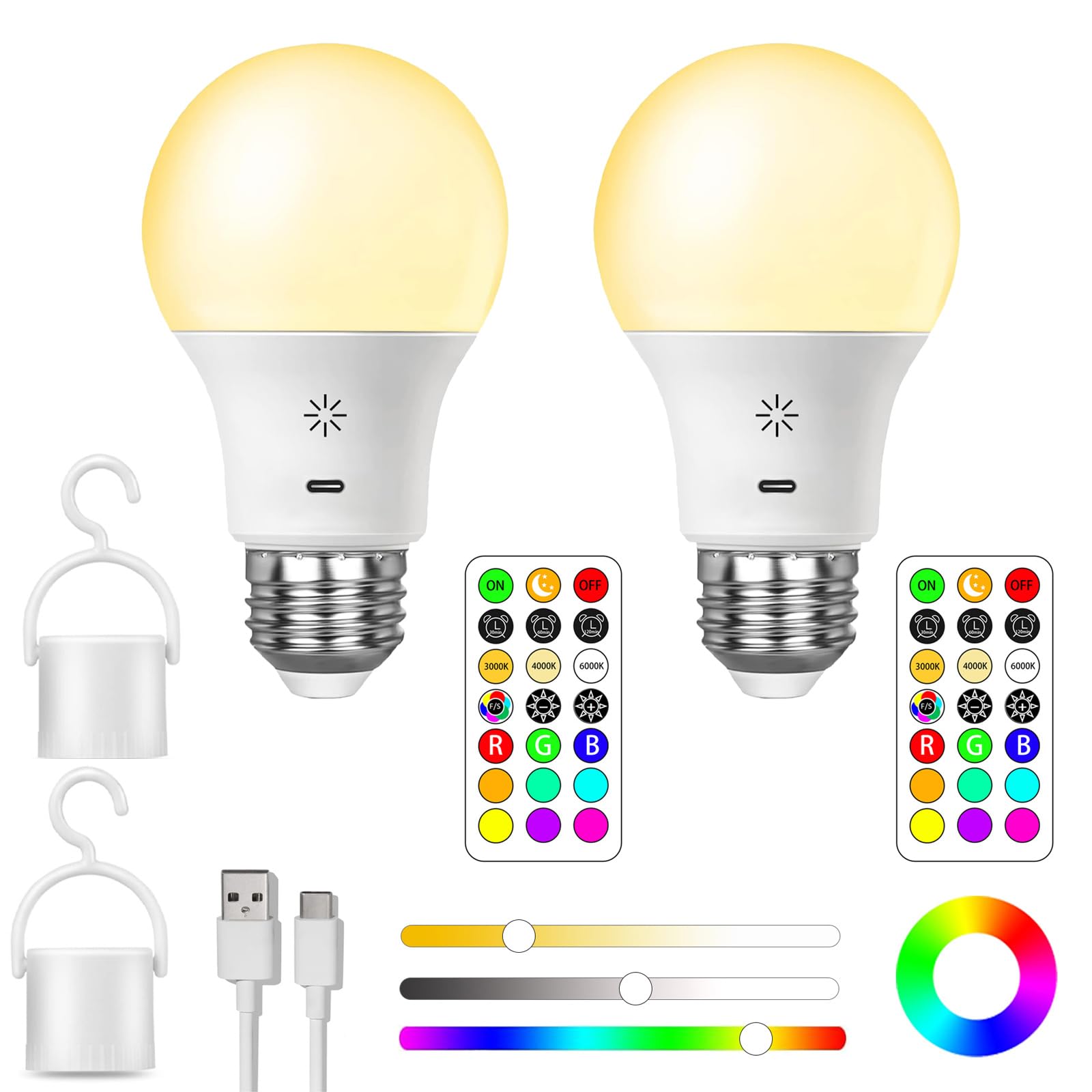 USB Rechargeable Light Bulb With Remote Control, Smart RGB Color Changing Bulb, 9+3 Color Temperature, LED Dimmable Touch Control Bulb With Timing Function, 2600mAh Battery Powered 8W A19, E26,2 Pack