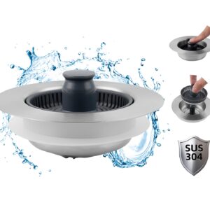 Hibbent Upgraded 3 in 1 Kitchen Sink Drain Strainer and Stopper Combo, Stainless Steel Metal Pop Up Sink Stopper, Anti-Clogging Basket Strainer with Handle for US Standard 3-1/2 Inch Drain