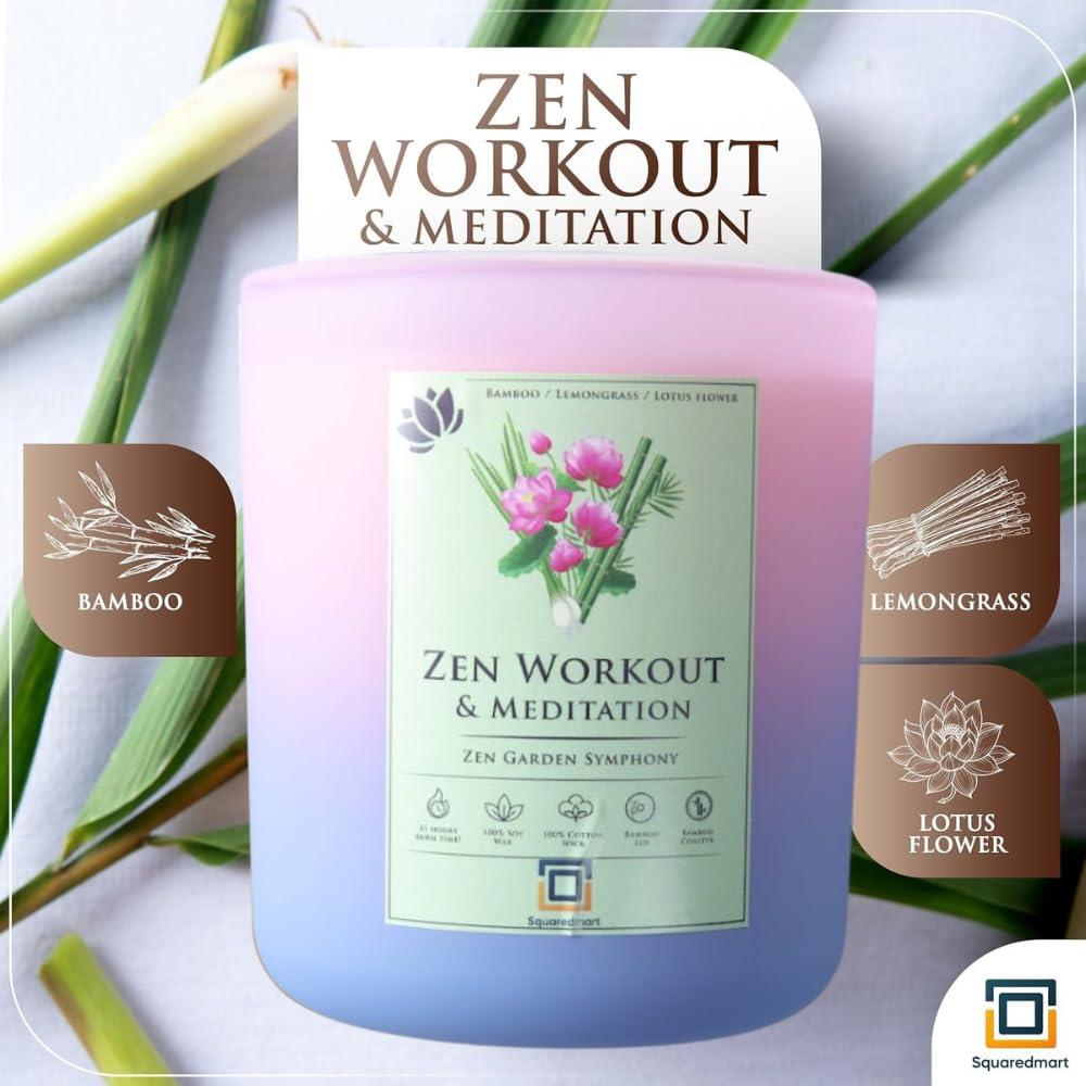 SquaredMart Natural Soy Scented Candle - Zen Workout & Meditation, Bamboo, Lemongrass & Lotus Flowers, 55 Hour Burn, 100% Cotton Wick, Eco-Friendly Bamboo Coaster & Lid, Yoga & Exercise, Serenity