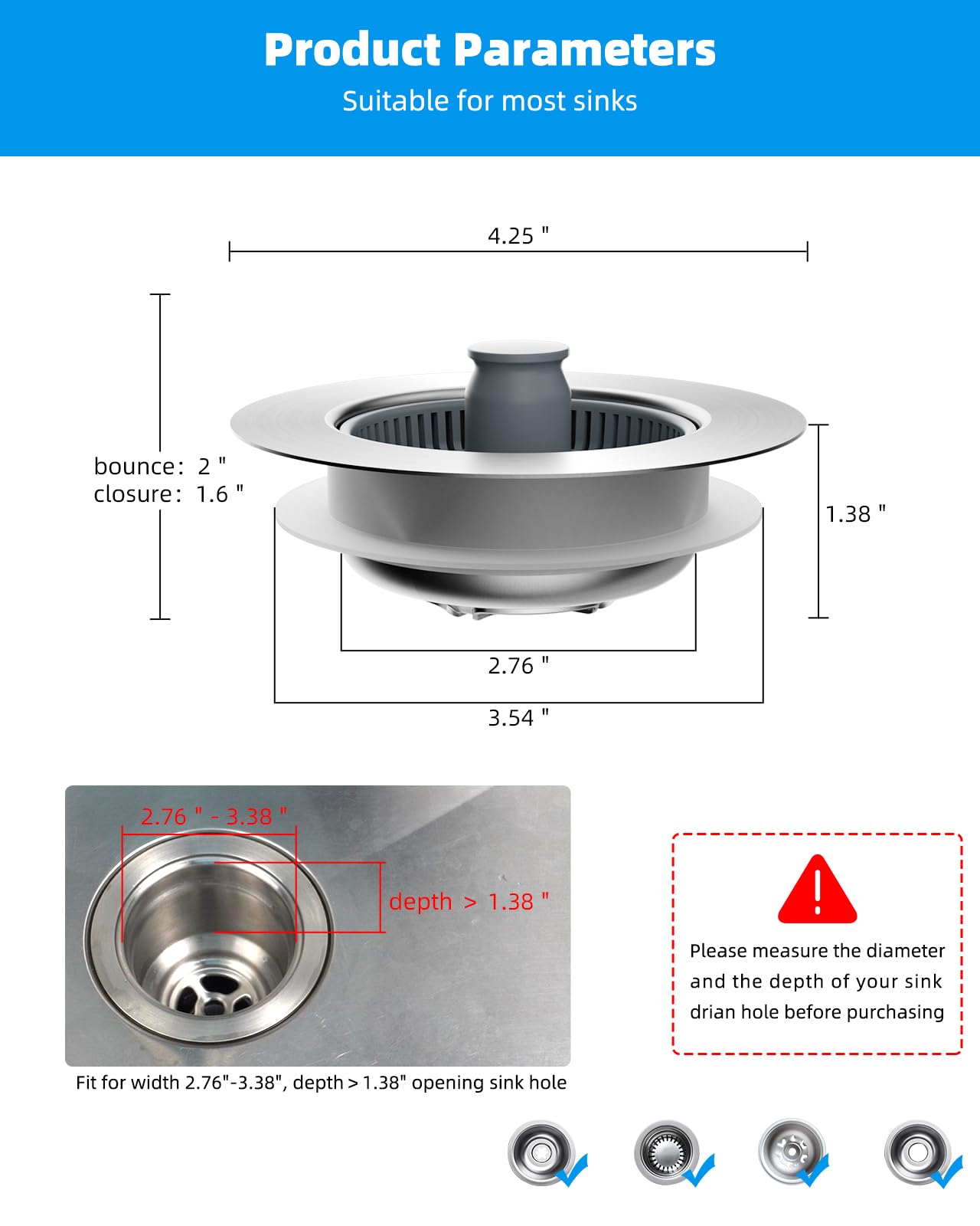 Hibbent Upgraded 3 in 1 Kitchen Sink Drain Strainer and Stopper Combo, Stainless Steel Metal Pop Up Sink Stopper, Anti-Clogging Basket Strainer with Handle for US Standard 3-1/2 Inch Drain