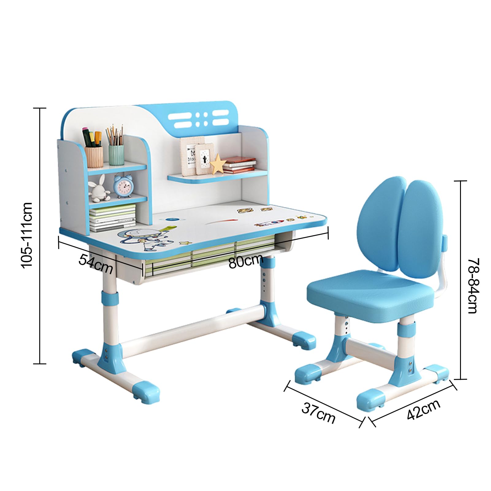 2024 Upgraded Kids Desk Set, Cartoon Pattern Height Adjustable Children Table Chair Set Ergonomic Scientific Separation Study Writing Desk with Tilt Book Stand Drawer Birthday Gift for Boys Girls