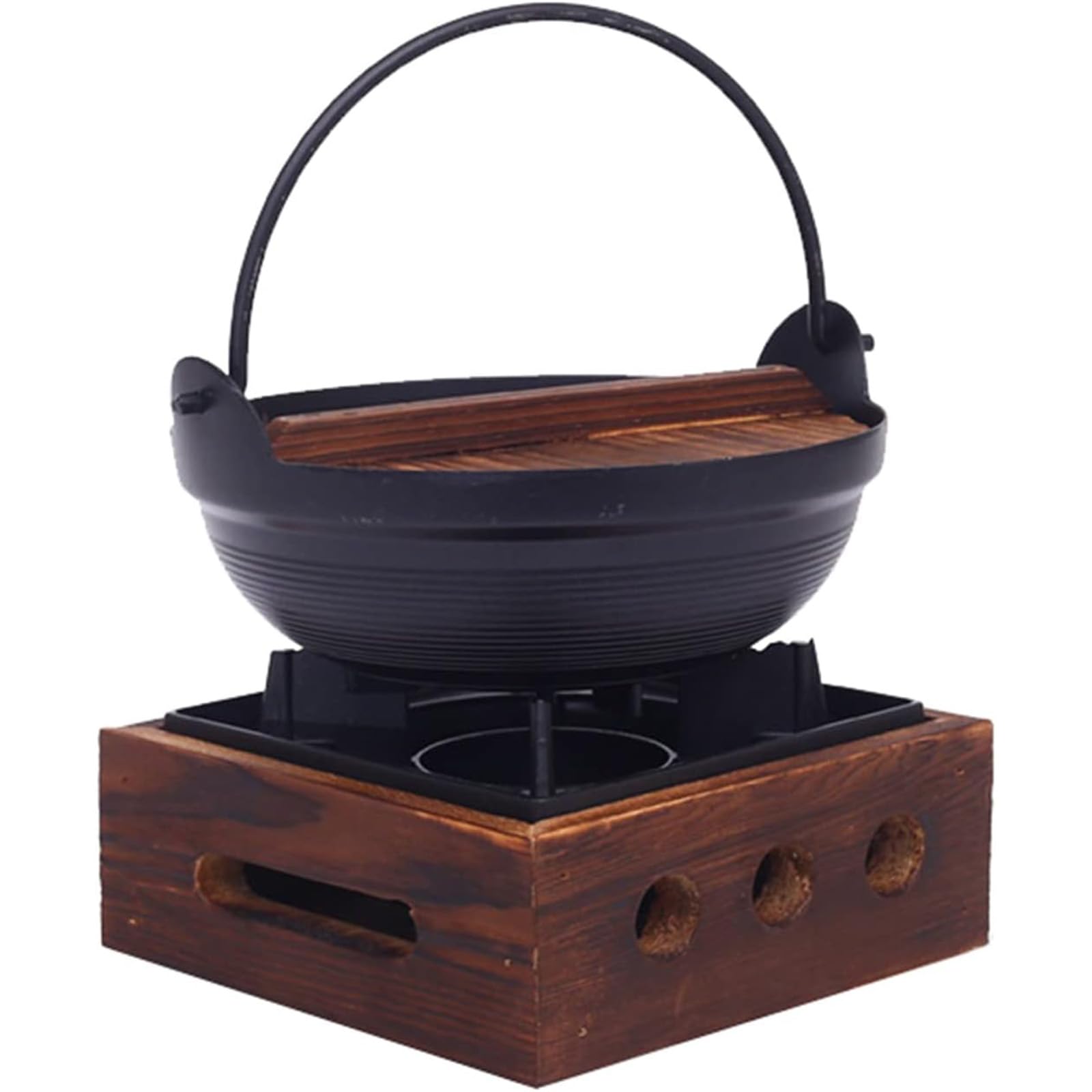 Hgjgwqh Japanese Style Cast Iron Shabu Shabu Hot Pot Sukiyaki Nabe with Wood Lid and Cooking Stove Traditional Nonstick Cookware Serveware for Sukiyaki Noodle Ramen Soup,20cm/7.9inch