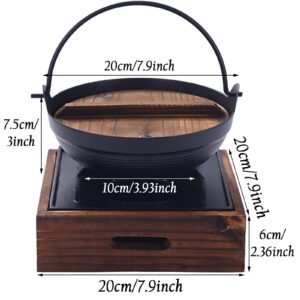 Hgjgwqh Japanese Style Cast Iron Shabu Shabu Hot Pot Sukiyaki Nabe with Wood Lid and Cooking Stove Traditional Nonstick Cookware Serveware for Sukiyaki Noodle Ramen Soup,20cm/7.9inch