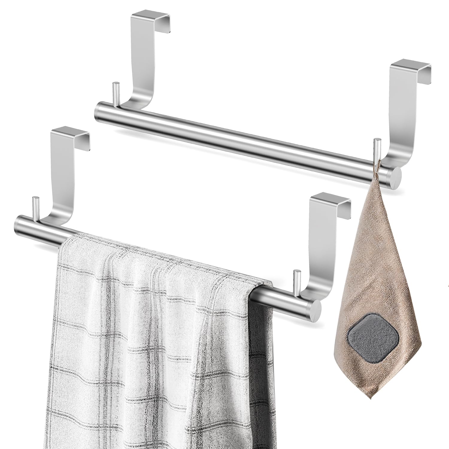 VEHHE Kitchen Towel Holder 2-Piece, 2 Hooks, EVA Foam Protective Mats, 9-Inch Stainless Steel Over The Door Towel Rack (Silver)