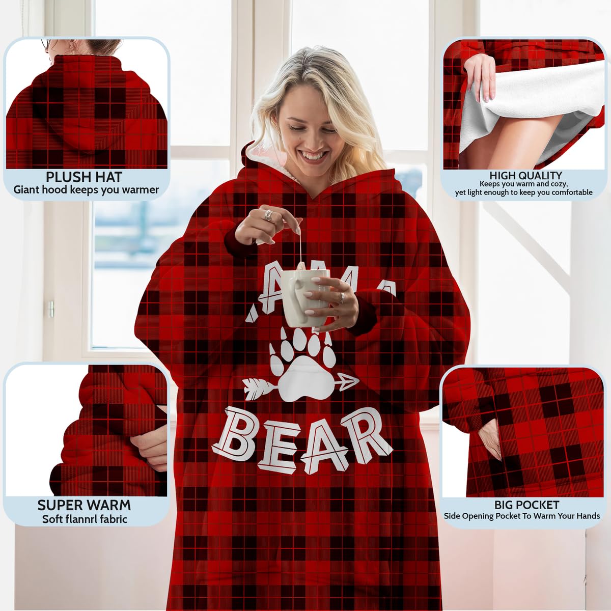 Warmstorey Mama Bear Wearable Blanket Hoodie, Buffalo Plaid Mama Bear Hooded Blanket for Mom, Christmas Gifts for Mom, Wife From Daughter, Son, Husband, Happy Birthday Mom Gift, Birthday Gift for Wife