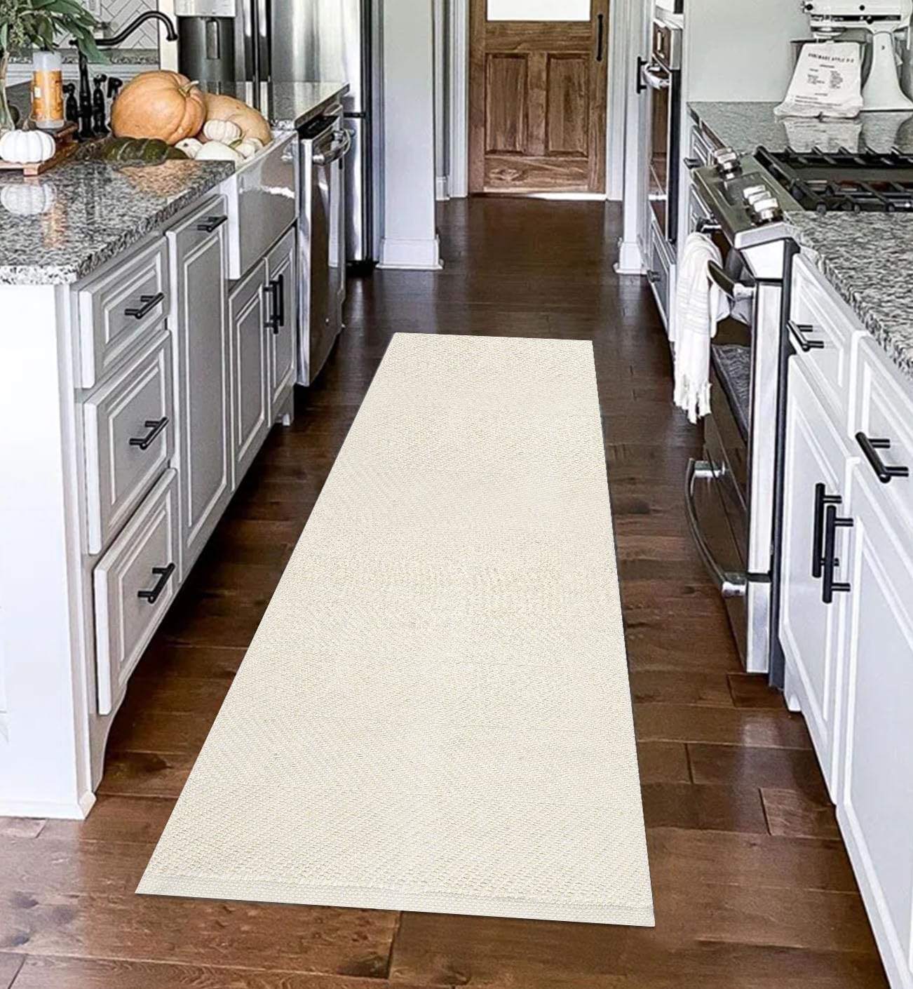 HXJDCL Farmhouse Kitchen Runner Rug 2'x 6',Cream Cotton Woven Washable Bedroom Runner Rug Reversible Hallway Rug Boho Laundry Room Rug for Living Room Sink Area Rug