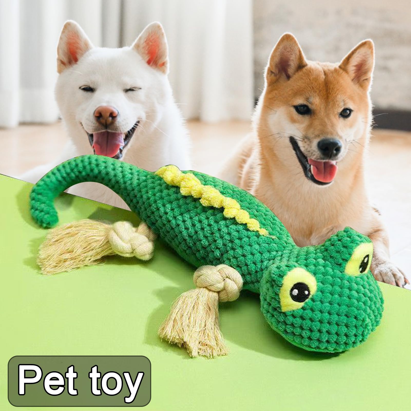 leasote Indestructible Dog Toy Smart Dog Toy Pet Toy Knitted Cartoon Lizard Shape Bite-Resistant Stress Relief Squeaky Dog Cat Chew Toy Green