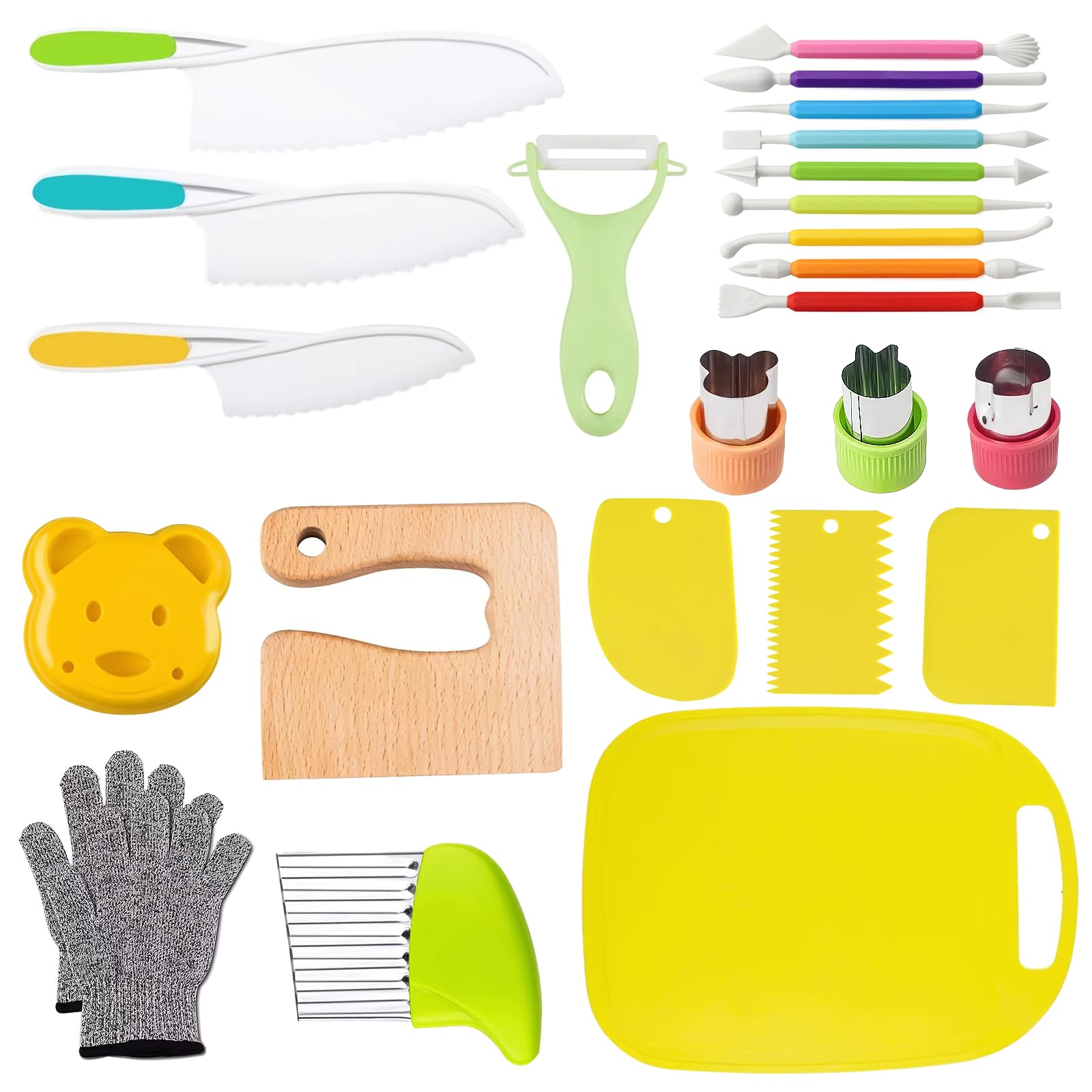 iKumar 25 Pcs Wooden Kids Kitchen Knife Set Include Plastic Kids Knife, Crinkle, Sandwich Cutter, Y Peeler, Cutting Board, Gloves, Fruit Mold Cutters and Carving Shaping Tools