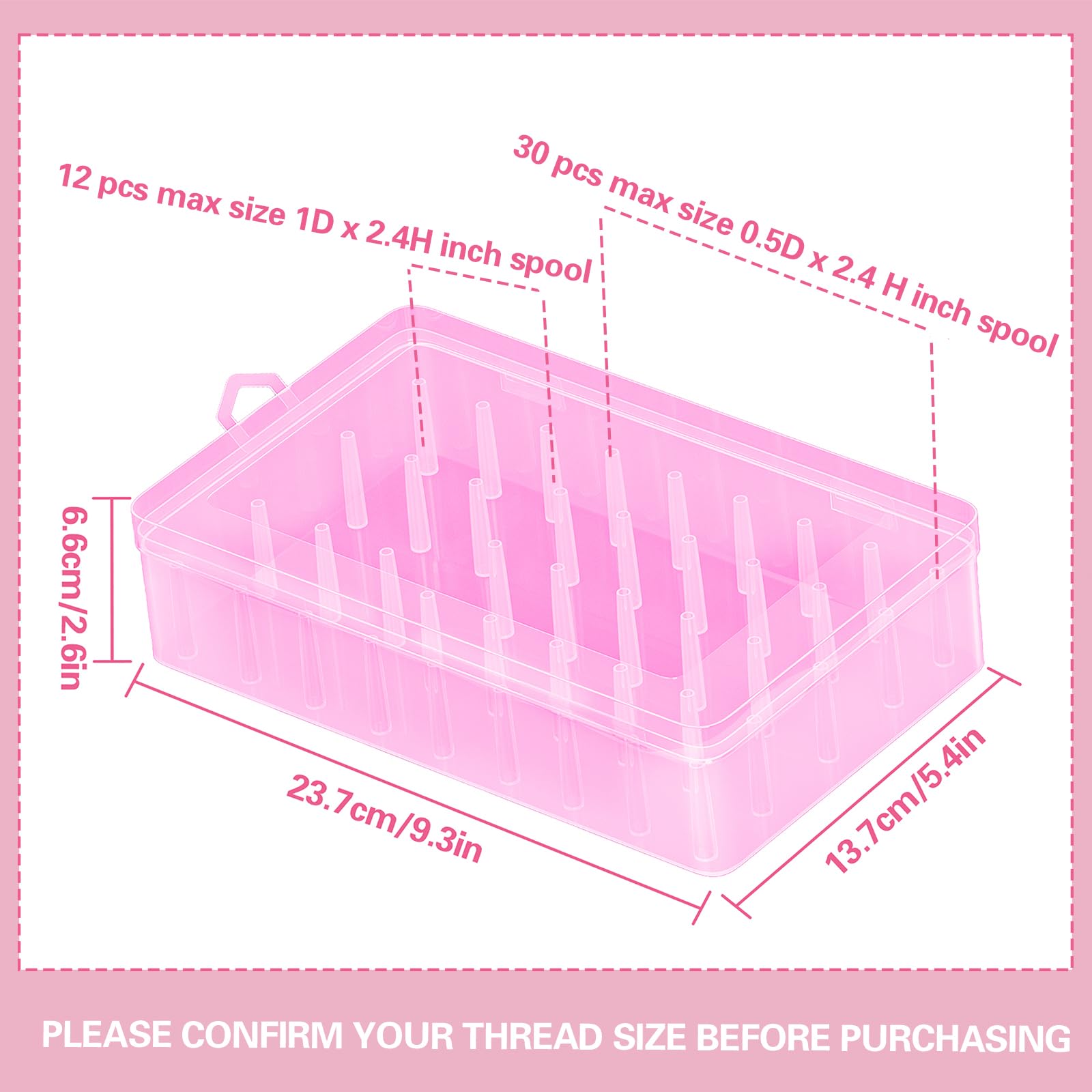 XiyaxiVici 42 Slot Sewing Thread Pink Storage Box Bobbin Needle Spool Holder Organizer Embroidery Household DIY Sewing Accessories, Contain 2 Size Spool 30 pcs 0.5 x 2.4 inch + 12 pcs 1 x 2.4 inch