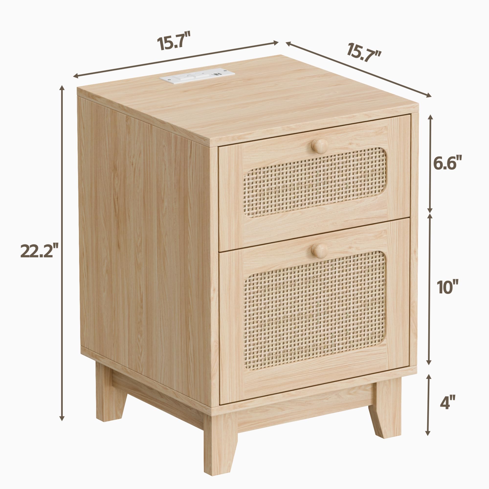 Callales Modern Wicker Rattan Stand,Rattan Stand with Drawer and Charge Station, Wooden Side End Table for Small Spaces, Natural Wood BedsideTable for Bedroom,Easy Assembly (with Charging Station, 2)