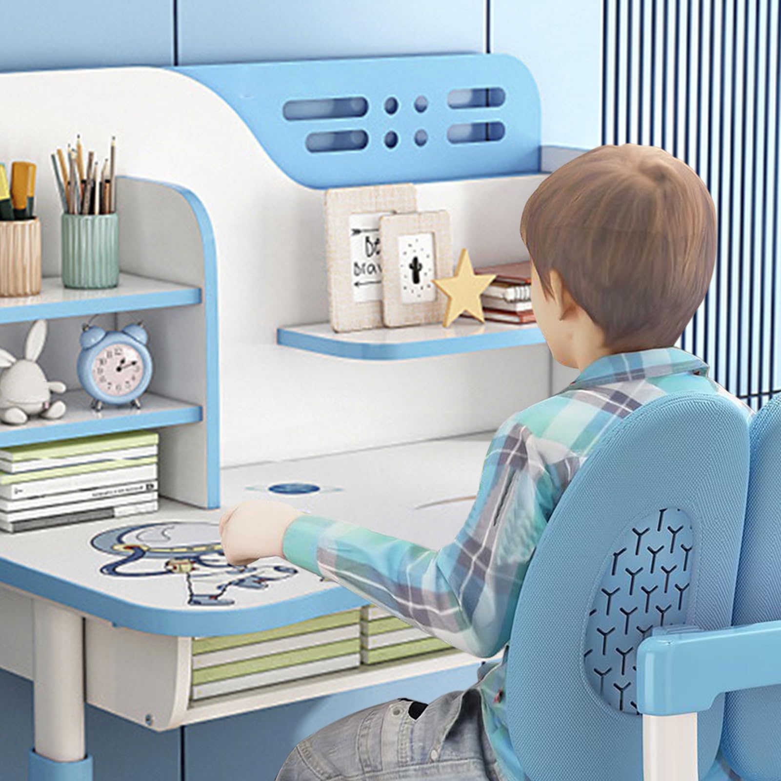 2024 Upgraded Kids Desk Set, Cartoon Pattern Height Adjustable Children Table Chair Set Ergonomic Scientific Separation Study Writing Desk with Tilt Book Stand Drawer Birthday Gift for Boys Girls