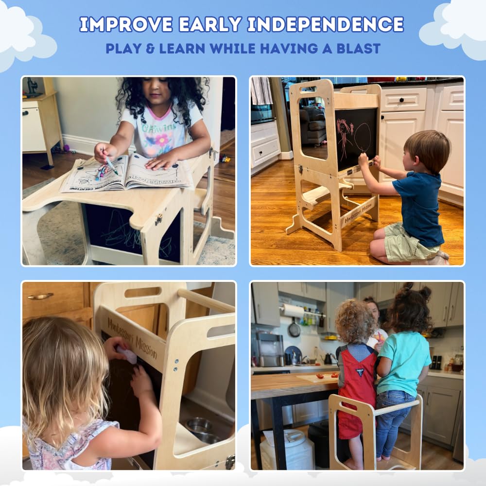 Montessori Mission 4-in-1 Foldable Learning Kitchen Tower, Stool with Chalkboard, Desk, Table & Chair, Montessori Kitchen Stool, Learning & Kitchen Tower for 1-6 Years Old