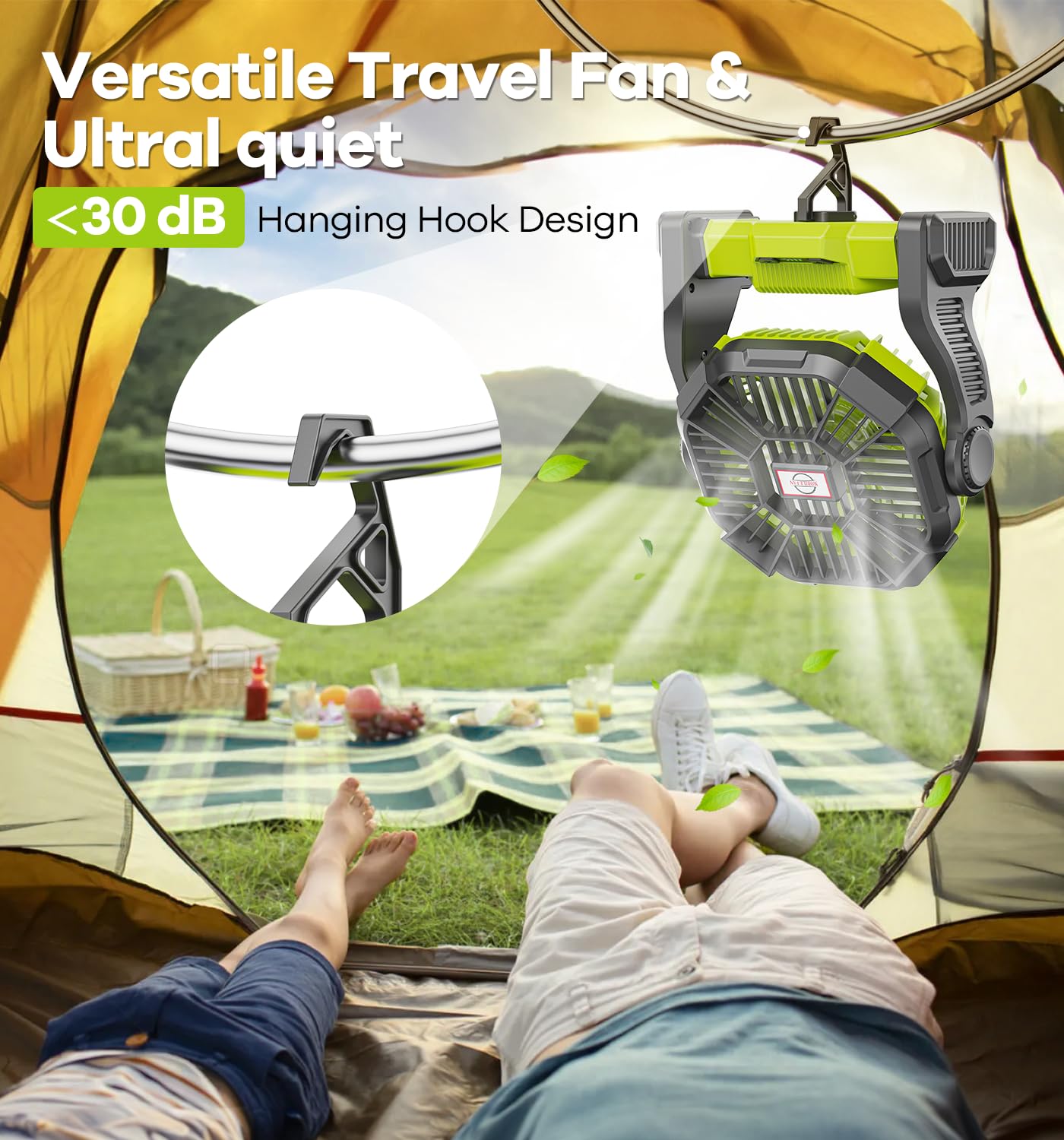 DOWILLDO Camping Fan with LED Lantern, 10400mah Portable Battery Operated Outdoor Fan, Personal Rechargeable Fan for Travel, Hiking, Fishing, Picnic (Green)