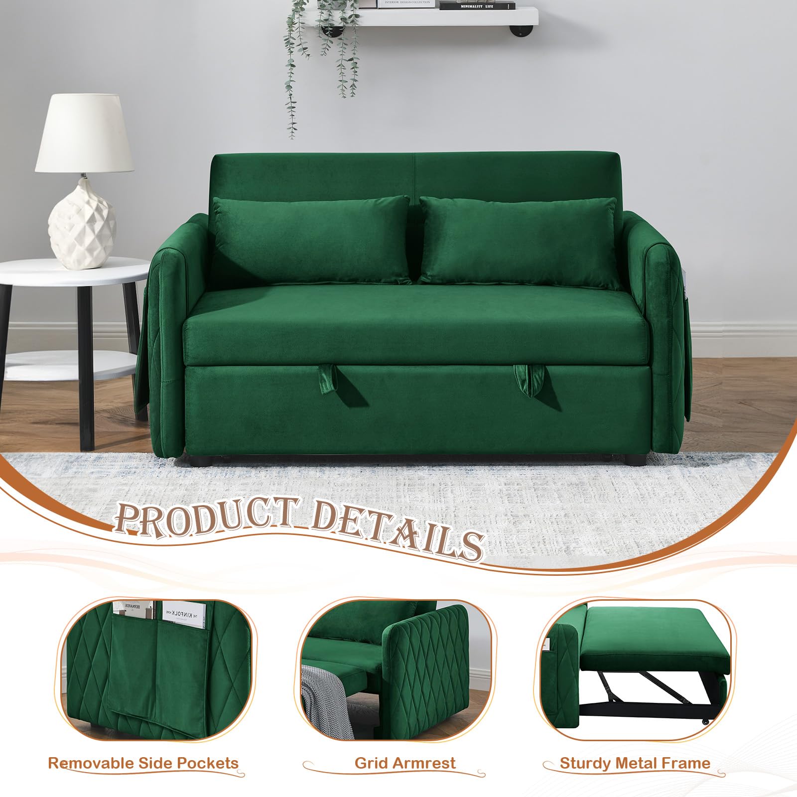 JEEOHEY 3 in 1 Convertible Sleeper Sofa Couch with Pull Out Bed,55" Modern Velvet Sofa Bed with Ajustable Backrest & Side Pocket,Tufted Loveseat Chaise Lounge for Livingroom,Office,Small Palces(Green)