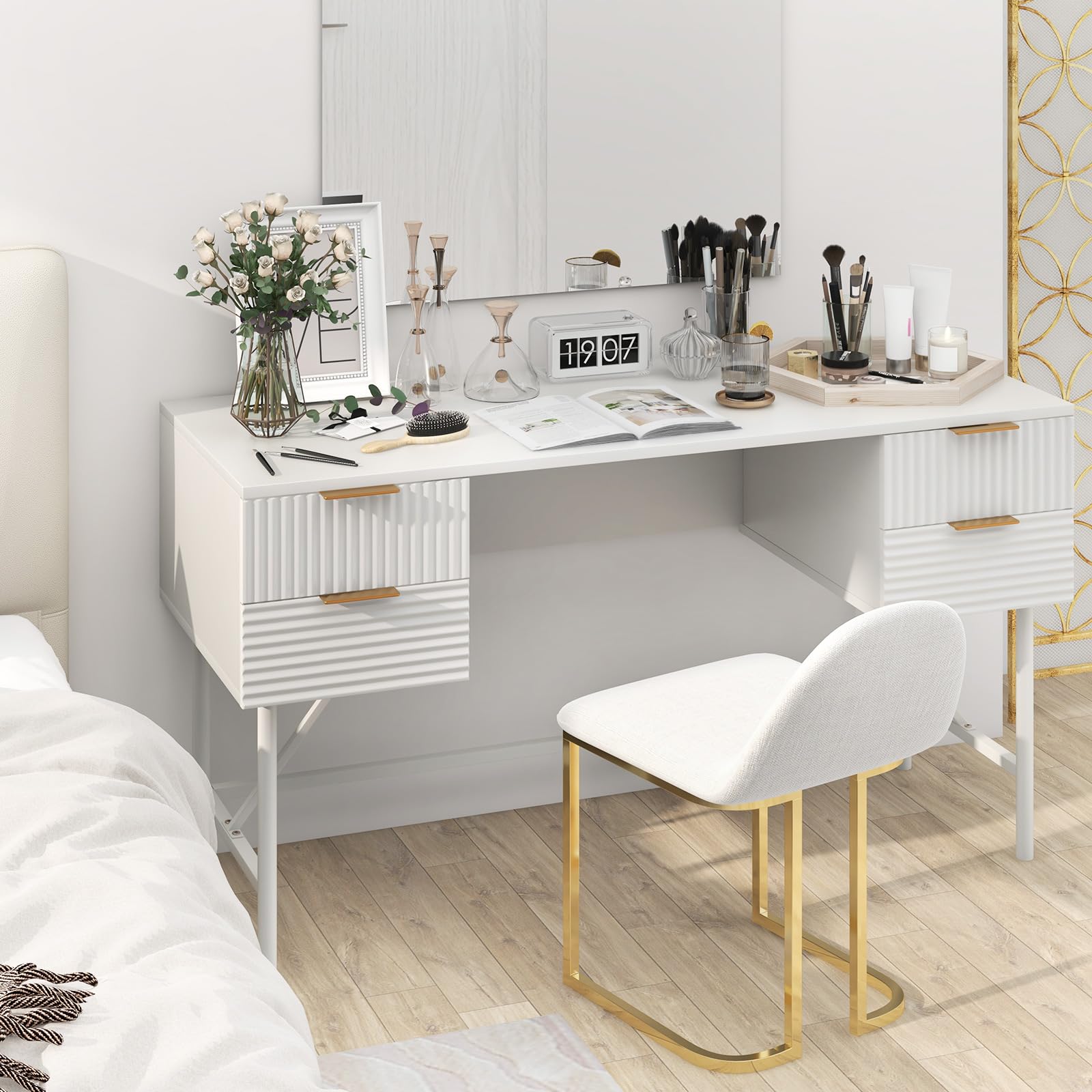 Giantex Modern Desk with 4 Drawers, 48 Inch Computer Desk with Storage, Heavy-Duty Gold Metal Frame, Makeup Vanity Dressing Table, White and Gold Desk for Bedroom Study Home Office