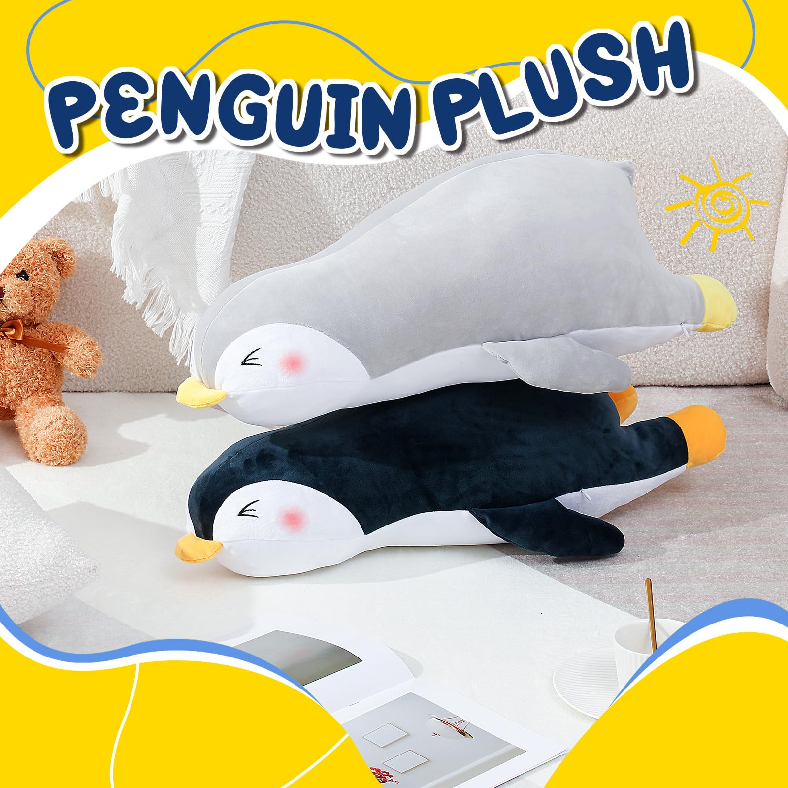 Motionchic 2 Pcs 23.62" Penguin Stuffed Animal Plush Toy Soft Penguin Plush Doll Large Stuffed Penguin Pillow Cute Penguin Body Pillow Giant Penguin Plush Gift for Girls Boys