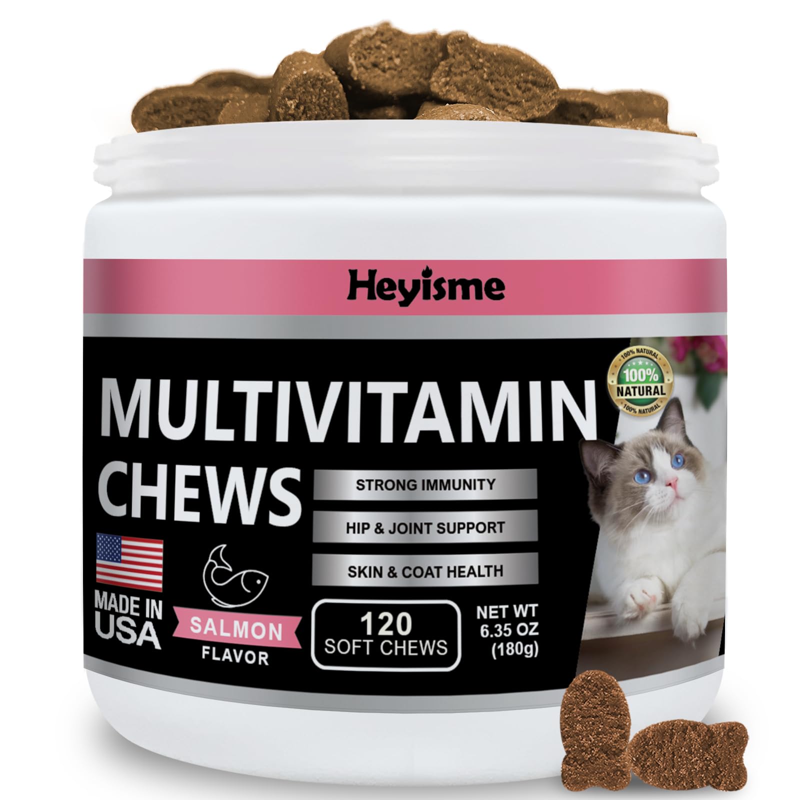 HEYISME Lysine Supplement for Cats, Cat Treats for Sneezing and Runny Nose, Cat Cold, Cat Immune Support, Eye Function, and Respiratory Health, L-Lysine Cat Vitamins for Cats (Salmon, 120 Chews)