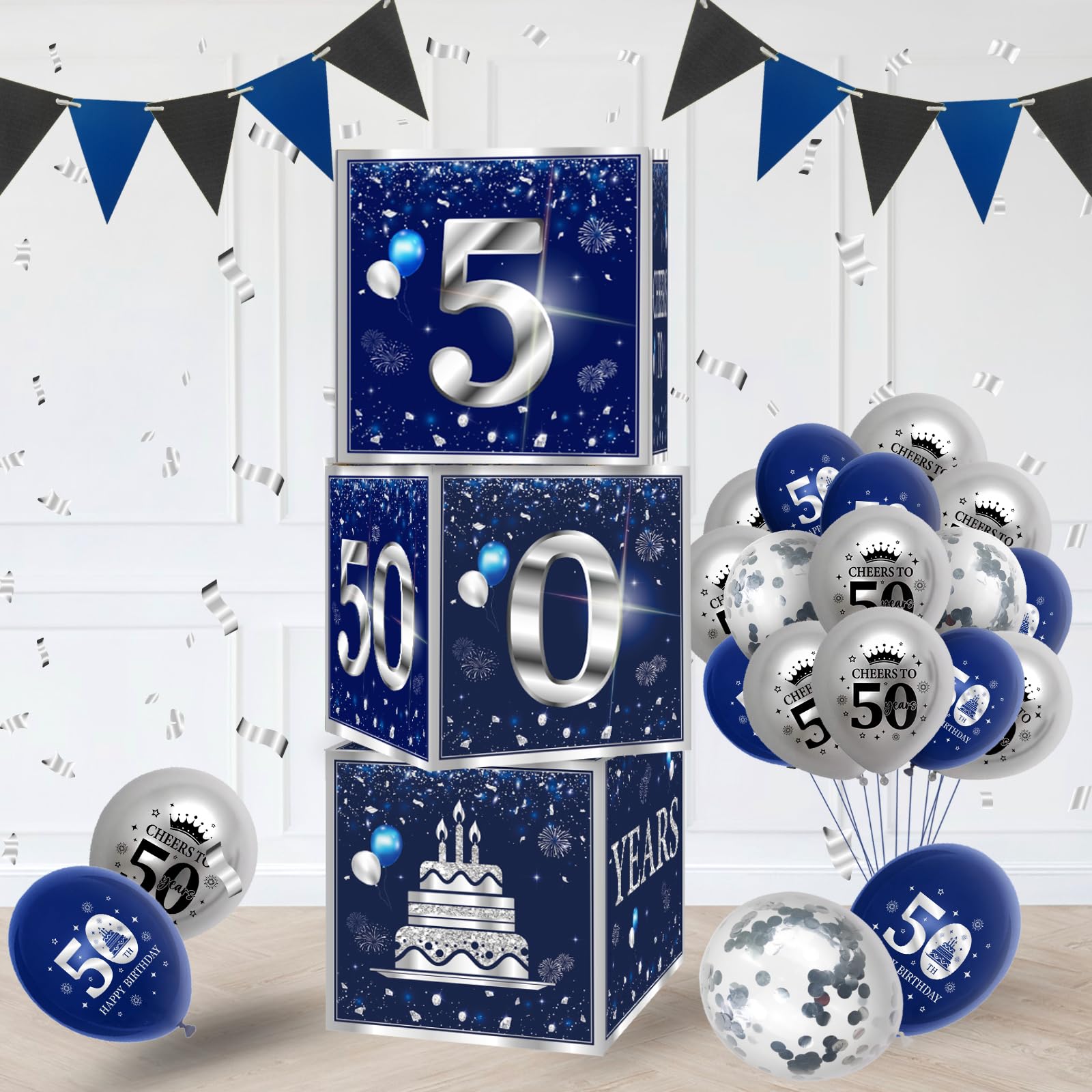 3Pcs 50th Birthday Decorations Boxes for Men Blue Silver 50th Happy Birthday Balloons Boxes Party Supplies 50 Year Old Birthday Theme Cardboard Box Decor.