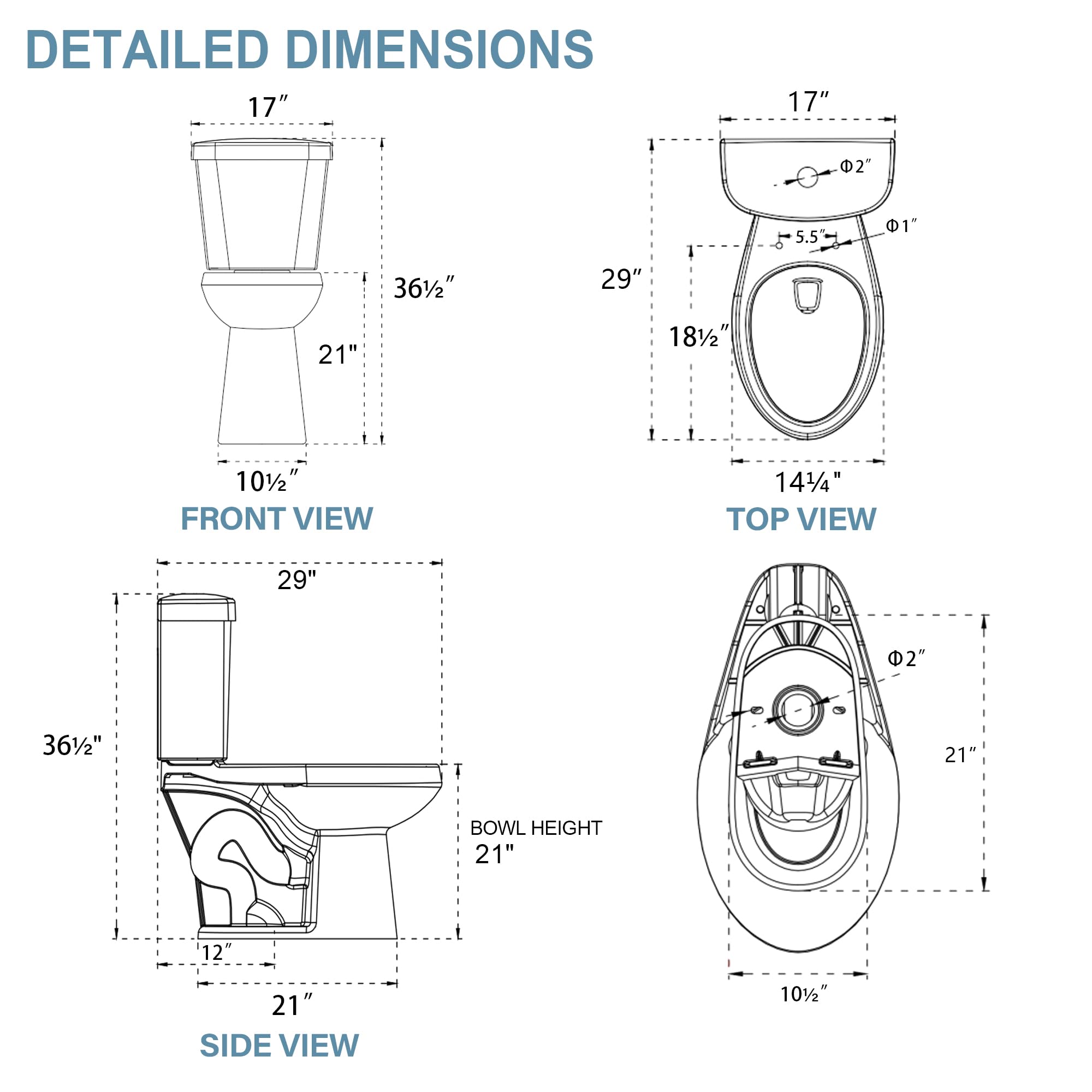 HOMLYLINK 21 Inch Extra Tall Toilet for Seniors, Elongated High Toilet, Comfort Bowl Height Toilet for Bathroom, Two-Piece Dual Flush 1.1/1.6 GPF, 12” Rough In,White, Elongated Oval Bowl